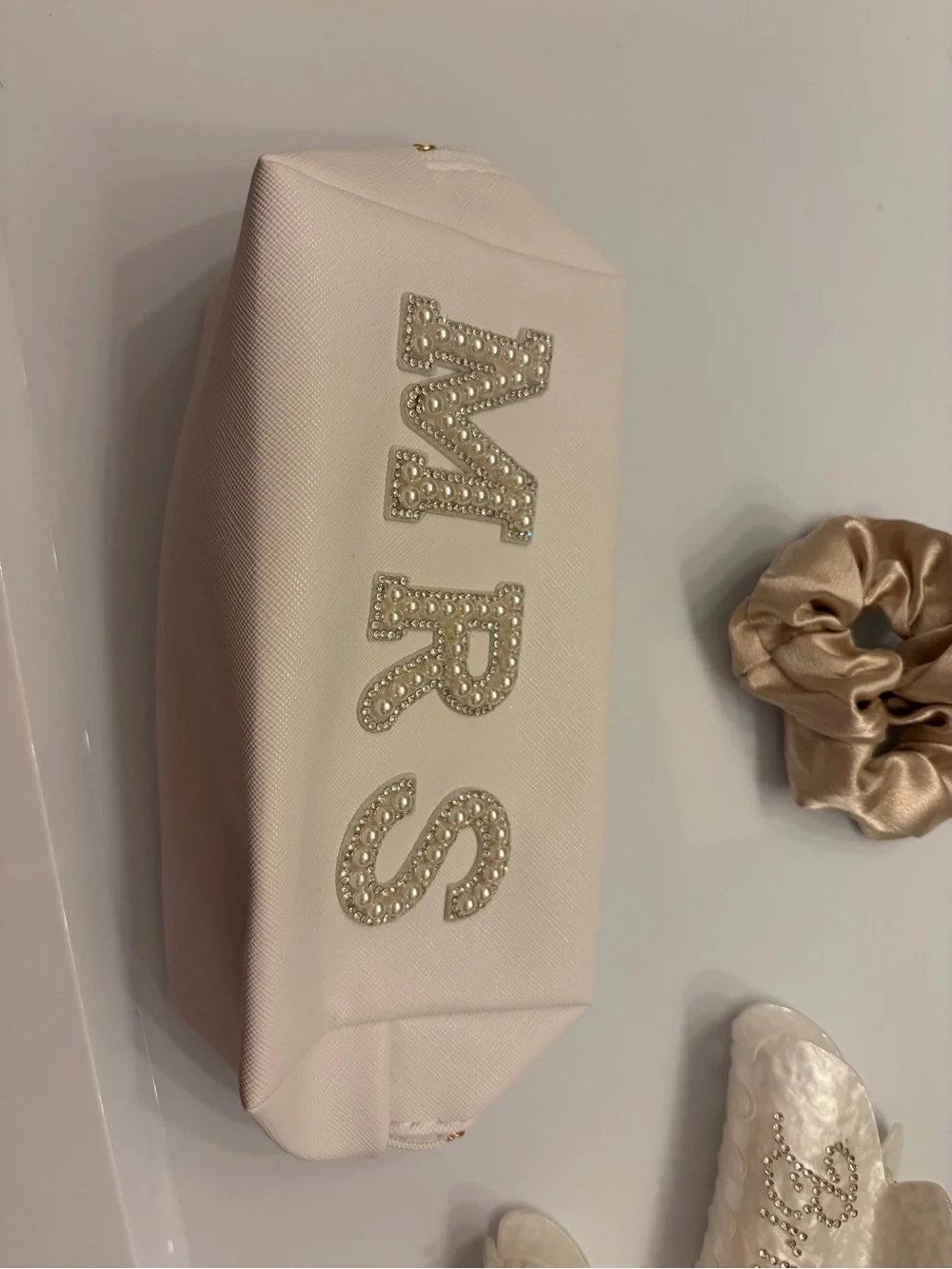 Bridal Kit:Cream Cosmetic Pouch Pearl 'MRS' Detail, 2 Bride Claw Clips, Scunchie